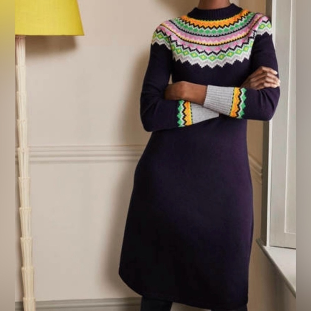 NWT Women’s Boden Millie Fairisle Alpaca Wool knitted sweater dress navy blue 12
